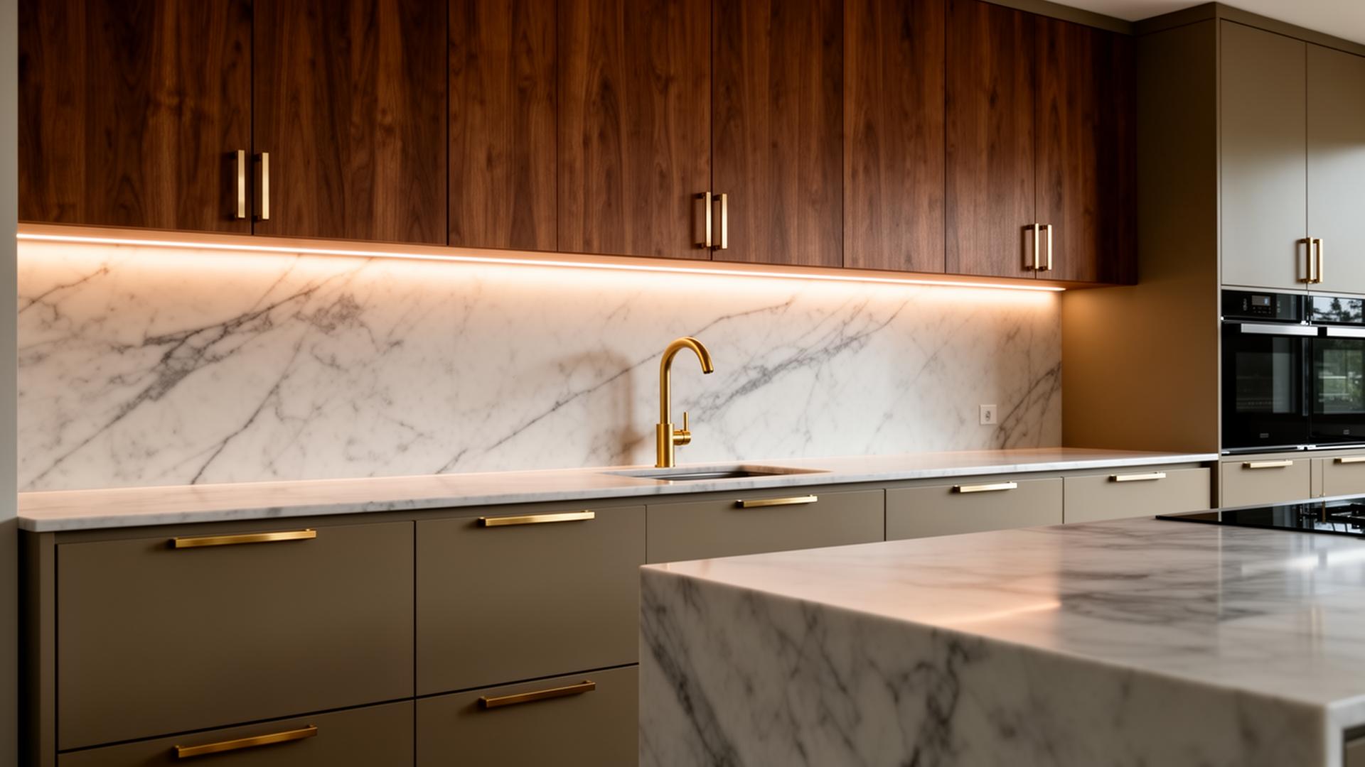 Walnut and matte sable kitchen with Calacatta marble and integrated LED valance